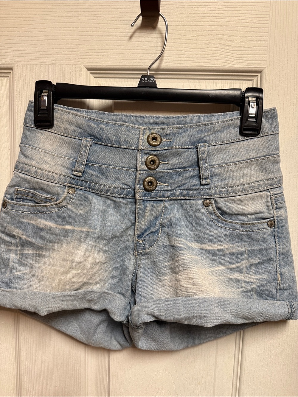Blue Asphalt Light Blue High-Rise Triple Button Denim Shorts